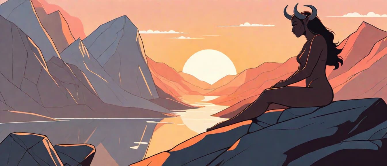  minimalism, draw a girl minotaur sitting on the rock in the mountains and looking into sunset., abstract, simple geometic shapes, hard edges, sleek contours, minimalism