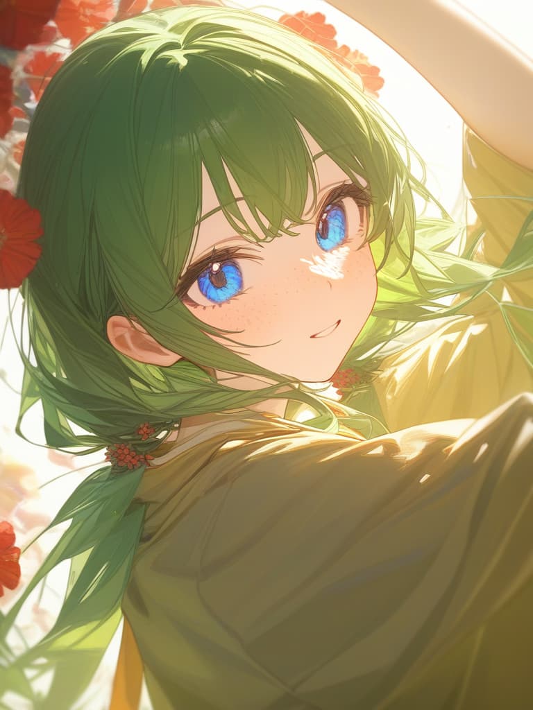  deep green hair, blue eyes, low twin tails, yellow green kimonos, red flowers, freckles, masterpiece, best quality,8k,ultra detailed,high resolution,an extremely delicate and beautiful,hyper detail