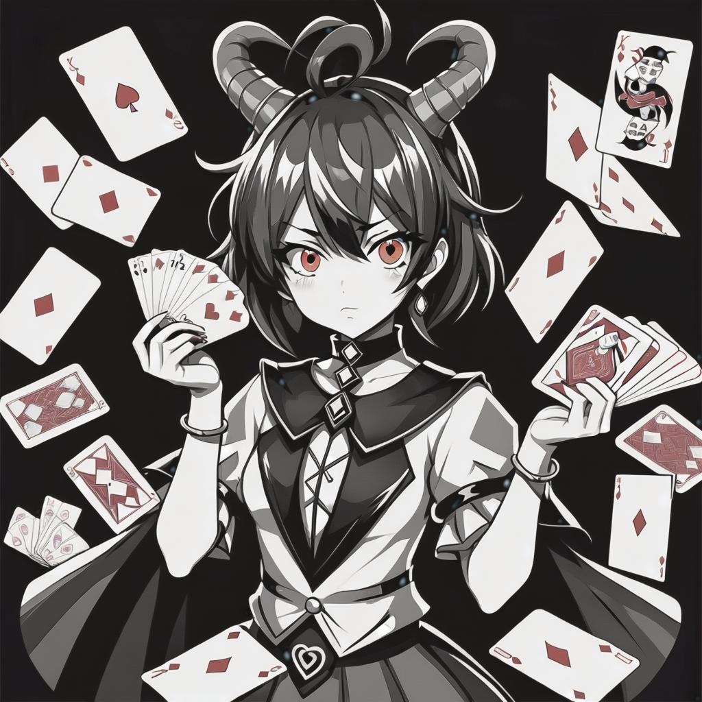  line art drawing trickster girl with cards, same nightmare. anime style . professional, sleek, modern, minimalist, graphic, line art, vector graphics