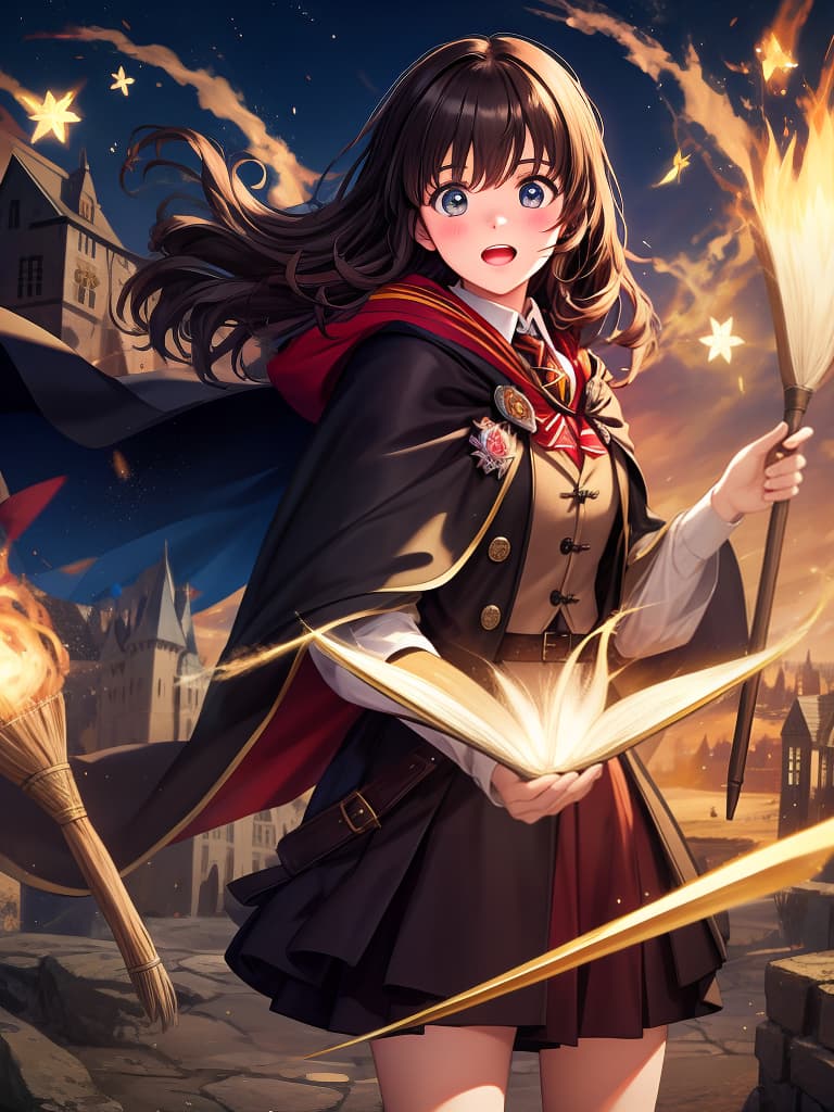  masterpiece,harry potter style,flying on a broom,overstuffed cape,cute girl,surprised look,realistic,quality,8k