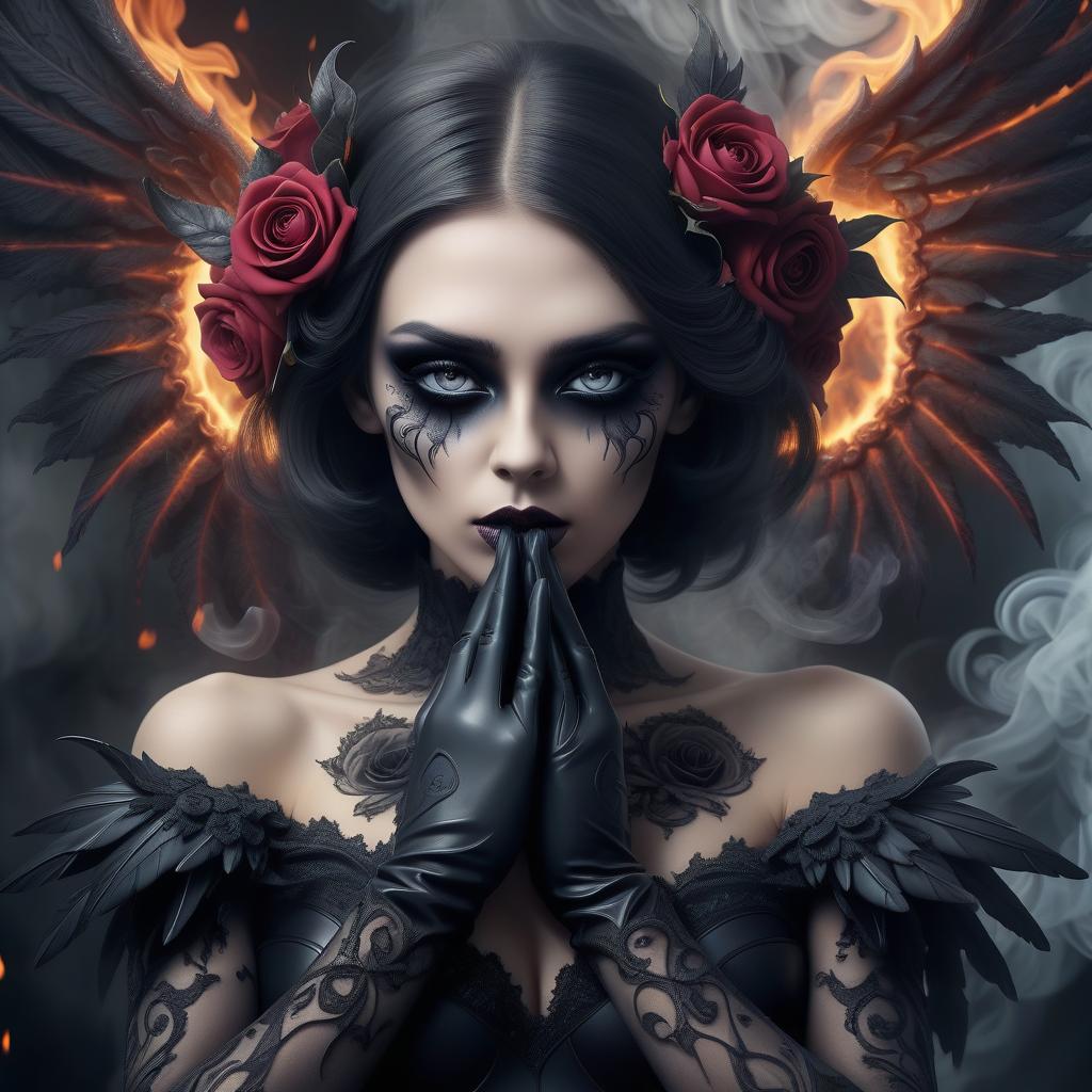  dark fantasy, horror. surrealism is grotesque, a gothic vamp girl with wings, an emphasis on eyes and lips. fractal background fire, hands, gloves, roses, smoke, body art style, high quality details, best quality,cool2 8k,ultra hd