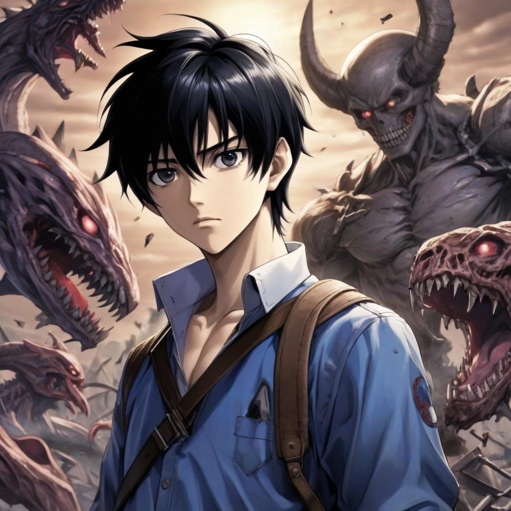  the main character, kaito hanada, is an ordinary japanese student with black hair, in the body of a time weakened creature surrounded by the remnants of a once powerful army of darkness.