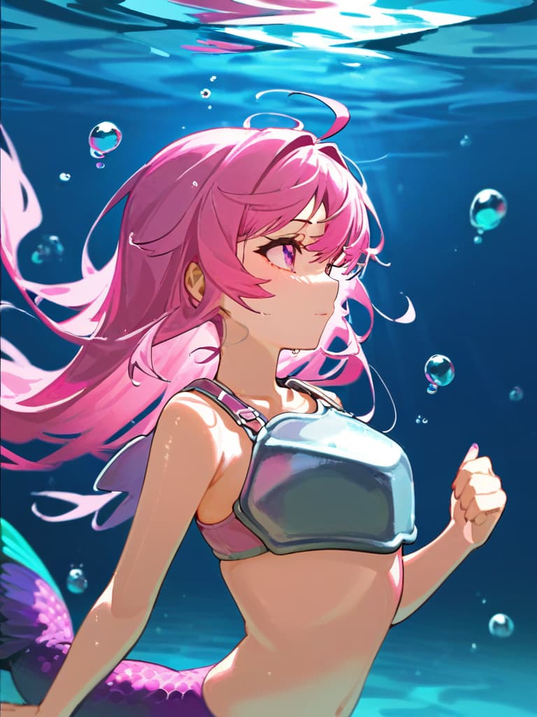  masterpiece(underwater:2.0)(underwater with light:1.7)(🫧🫧bubbles:1.5)(one person)(mermaid:2.0)(beautiful girl human:2.0)(nice body)(salmon pink hair color:1.7)(shell breastplate:2.0)(pink and greensparkling,shapely long fins:1.7) high quality,16k,super analysis