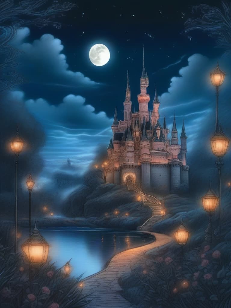  (drawing style,sketchbook drawing),midnight,night sky,full moon,castle in distance,roses,(little fairies: 1.4),small multiple pale lights,(colored pencil drawing giving soft impression throughout),super detailed,high resolution,absurd employed,