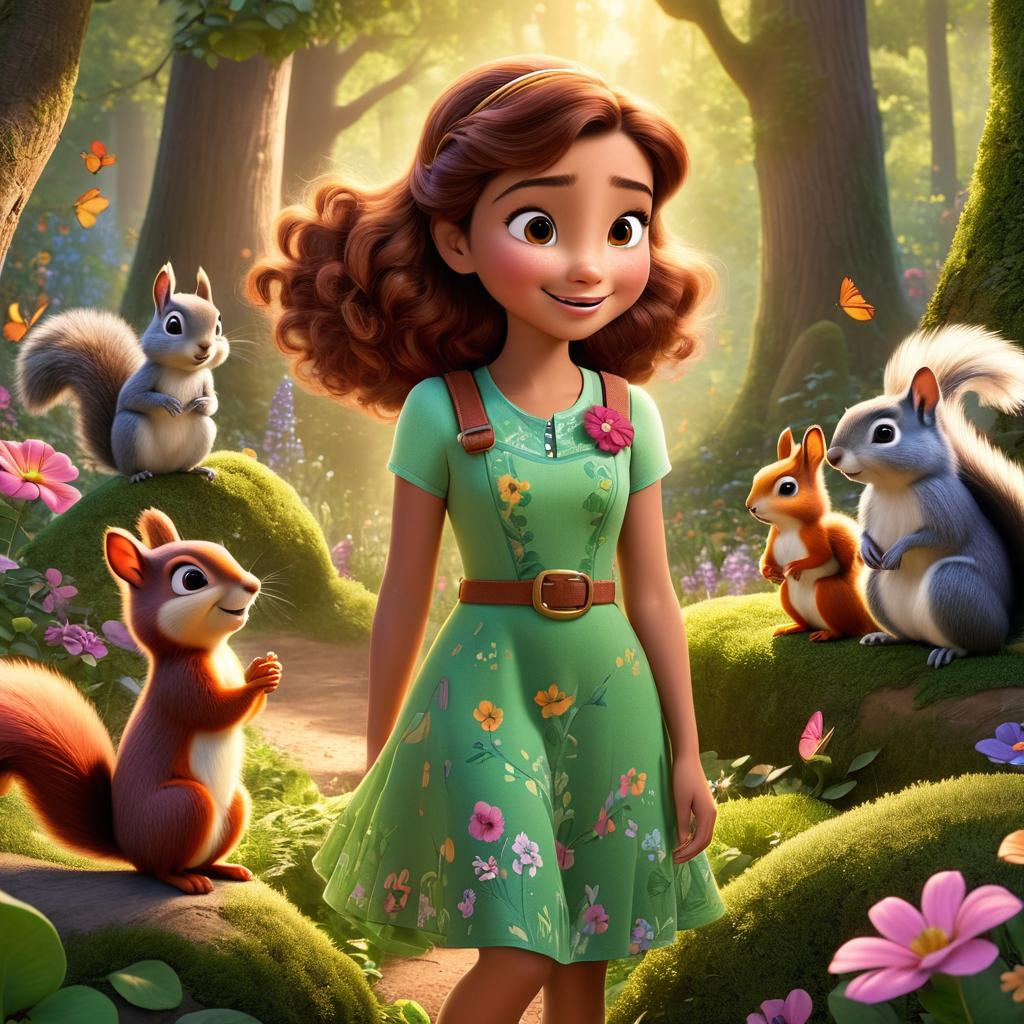  in 3d animated movie style. disney pixar style. aliya, old in a colorful floral dress, listens to a talking squirrel and bird in a vint forest. nearby, mischa the mischievous fairy sparkles in a green dress with tiny bells. lush, magical forest with dappled sunlight, creating a cozy atmosphere for the animals' discussion. high resolution pixar 3d animation, warm lights highlight colorful outfits, mix of bright and earthy tones. slightly elevated angle, includes aliya, squirrel, bird, and mischa in a harmonious composition.