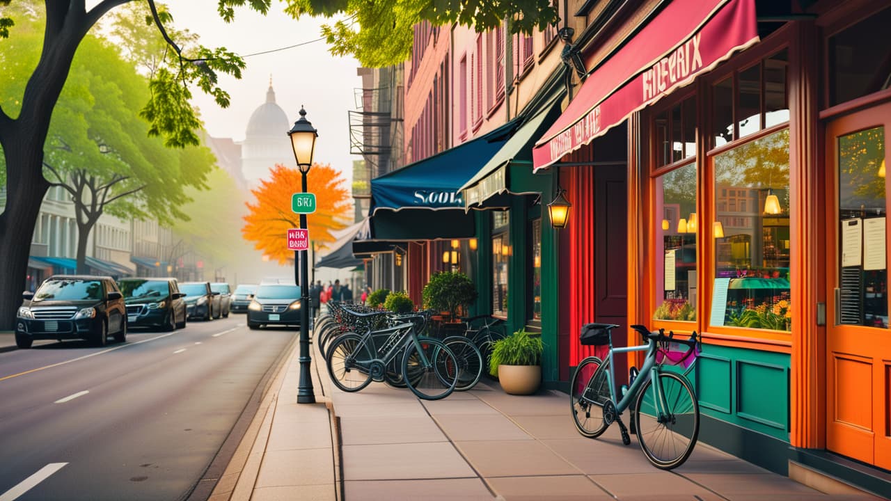  a vibrant urban scene featuring a sleek city bike parked beside a bustling café, surrounded by pedestrians, lush street trees, and colorful storefronts, showcasing the essence of urban cycling and community life. hyperrealistic, full body, detailed clothing, highly detailed, cinematic lighting, stunningly beautiful, intricate, sharp focus, f/1. 8, 85mm, (centered image composition), (professionally color graded), ((bright soft diffused light)), volumetric fog, trending on instagram, trending on tumblr, HDR 4K, 8K