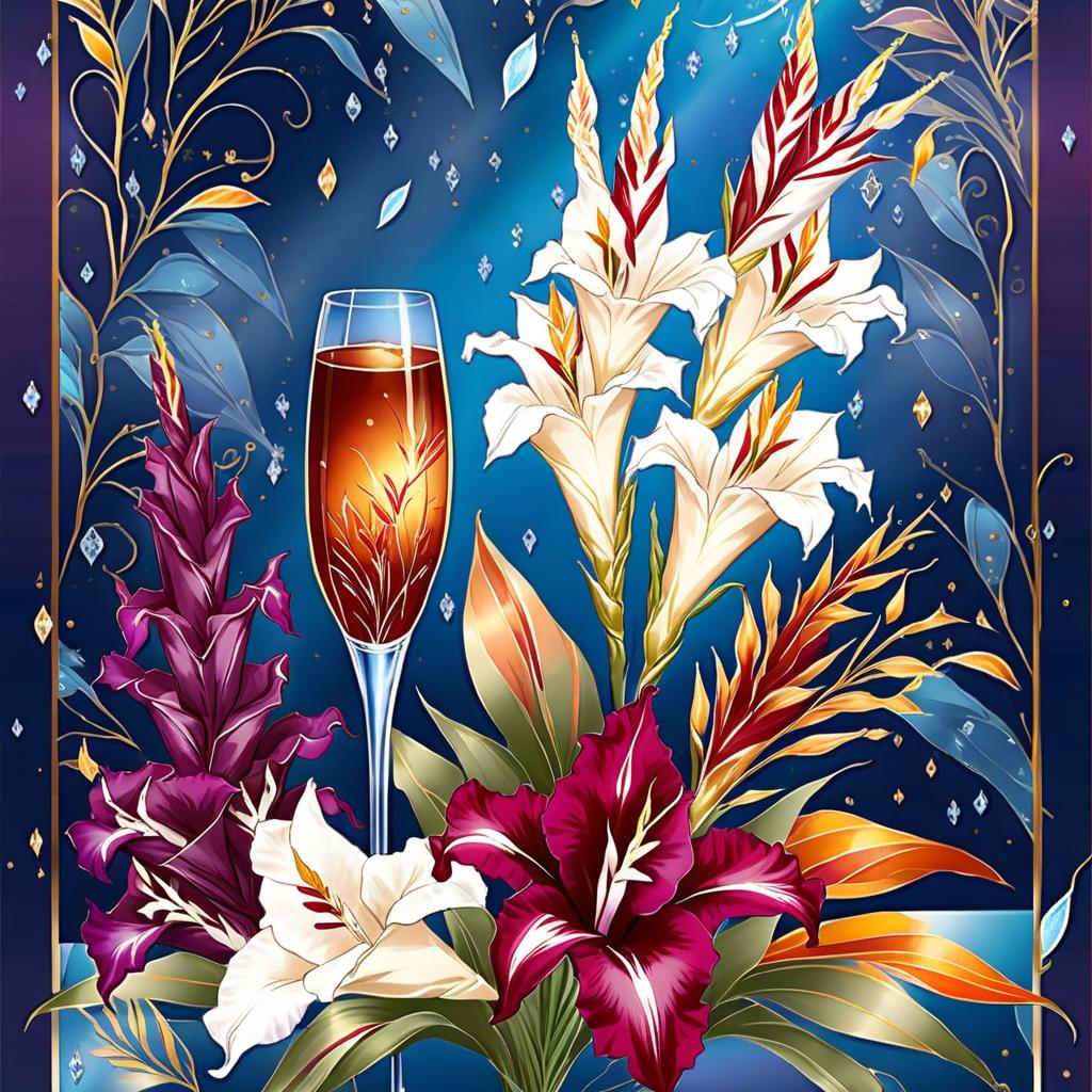  ethereal fantasy concept art of (crystal tall glass):champagne with ice cubes and chocolate. (birthday greeting card) card design: bluish blue background with ((decorated with fine fractal glitter, bright leaves, ink sketch lines on blue background, outlines, falling autumn leaves, silver swirls, autumn leaves, elegant, thin, ((profile of a woman's face, in the style of autumn art fantasy 1,7)) . (in the centre of the card is a bouquet with white gladioluses inscribed (("for you")).((bouquet of burgundy gladioluses surrounded by multicoloured foliage 1,2)) (colour of the bouquet): burgundy red with orange border. (foliage colour) :golden, silvery white, burgundy, green, golden green, (style):fantasy, design art, greeting cards. (style):fan