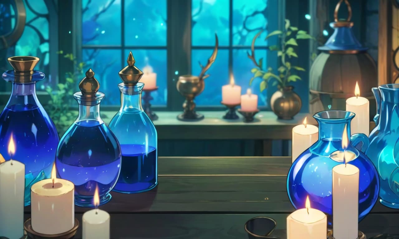  anime artwork the witch's alchemical table. blue hues. gloomy atmosphere. view horizontally . anime style, key visual, vibrant, studio anime, highly detailed