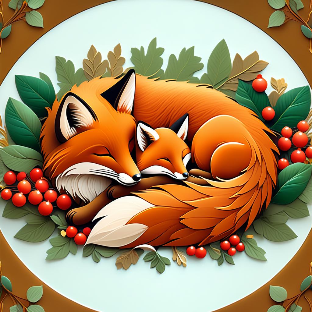  dreamscape (frame):gold round frame decorated with fancy oak leaves and rowan berries. (picture). animalism in fantasy style: little fox sleeping in the arms of big mum fox. appearance of a fox:sweetly sleeping curled up in a ball. (colours):orange, red, white, beige, gold, all shades of green, brown, brown gold. (style):animalism, fantasy, fairy tale, tenderness, kindness, calmness, cartoon . surreal, ethereal, dreamy, mysterious, fantasy, highly detailed, civitai, hkmagic hyperrealistic, full body, detailed clothing, highly detailed, cinematic lighting, stunningly beautiful, intricate, sharp focus, f/1. 8, 85mm, (centered image composition), (professionally color graded), ((bright soft diffused light)), volumetric fog, trending on instagram, trending on tumblr, HDR 4K, 8K