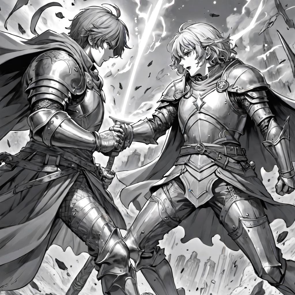  manga artwork fantasy, greyscale monochrome, manga materials, fight between knight and wizard, fullsize body view, legs. manga artist. manga, highly emotional. best quality, high resolution