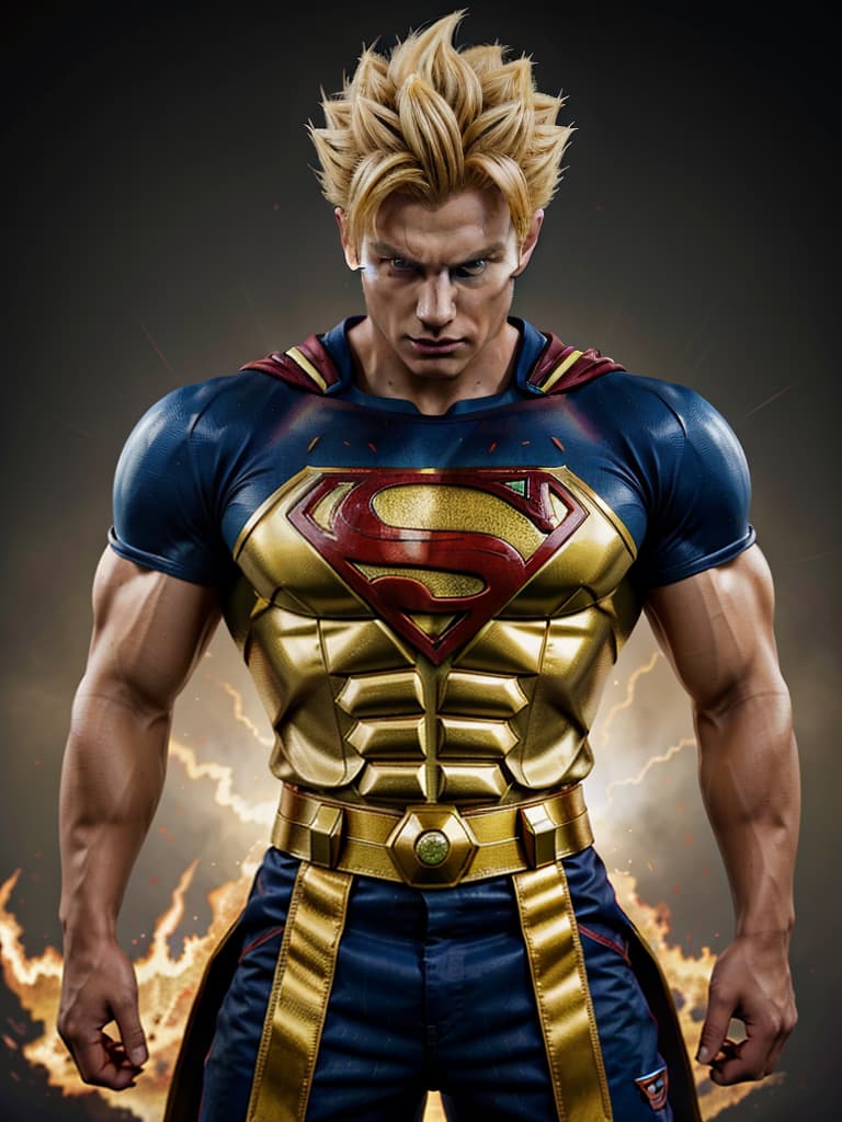  super saiyan and superman hybrid, super saiyan hairstyle, blonde, young handsome men, strong body, combat uniforms with s characters, terrible aura, masterpiece, best quality,8k,ultra detailed,high resolution,an extremely delicate and beautiful,hyper detail