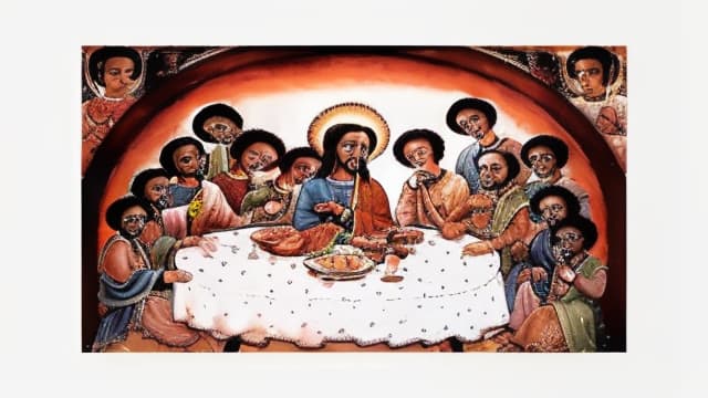  A painting of african men eating together, the last supper, , hyperrealistic, high quality, highly detailed, perfect lighting, intricate, sharp focus, f/1. 8, 85mm, (centered image composition), (professionally color graded), ((bright soft diffused light)), trending on instagram, HDR 4K, 8K