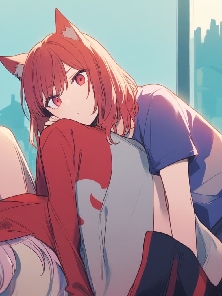  girls, wolf ears, red hair, medium hair, turn around, what happened? illustration from face, cool cute, outside, red clothes, red eyes, from head to knee