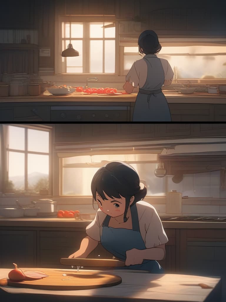  kitchen,woman wearing apron {cutting onion🧅 with knife on cutting board,(tears while slicing onion🧅 into thin strips:1.4)sliced onion🧅 on cutting board},super detail,high resolution,absurd,employed, hyperrealistic, full body, detailed clothing, highly detailed, cinematic lighting, stunningly beautiful, intricate, sharp focus, f/1. 8, 85mm, (centered image composition), (professionally color graded), ((bright soft diffused light)), volumetric fog, trending on instagram, trending on tumblr, HDR 4K, 8K