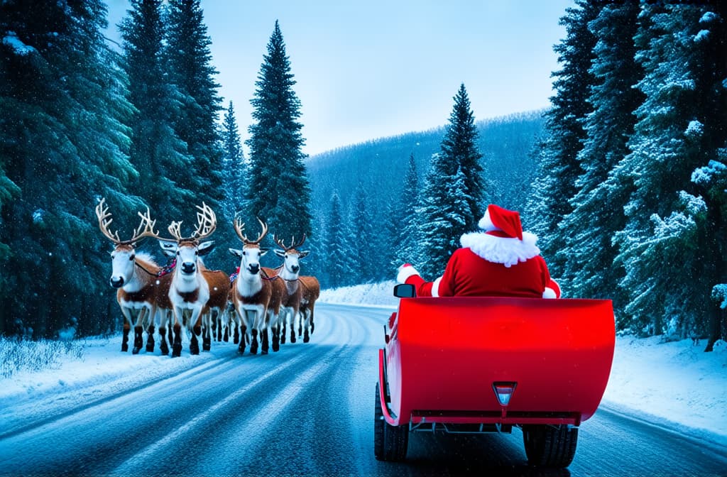  rear view of red sleigh with santa claus riding behind reindeer team driving along road through magical snowy forest and snowy road during snowfall ar 3:2 {prompt}, maximum details