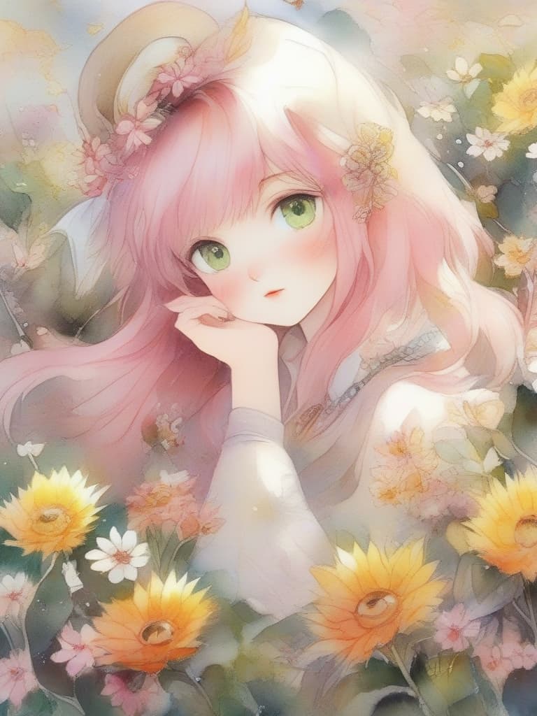  best masterpieces, one girl, pink gold hair color, night party, green eyes, white fuyo flowers, high quality, 16k