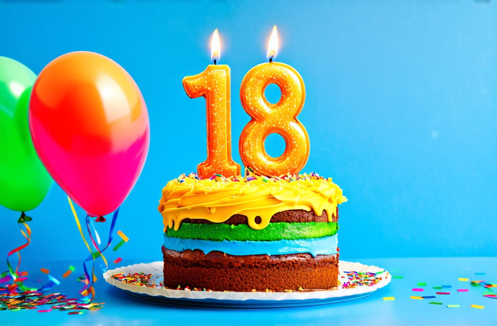  colorful birthday cake boasts candles in shape of number 18 surrounded by balloons and confetti ar 3:2 {prompt}, maximum details