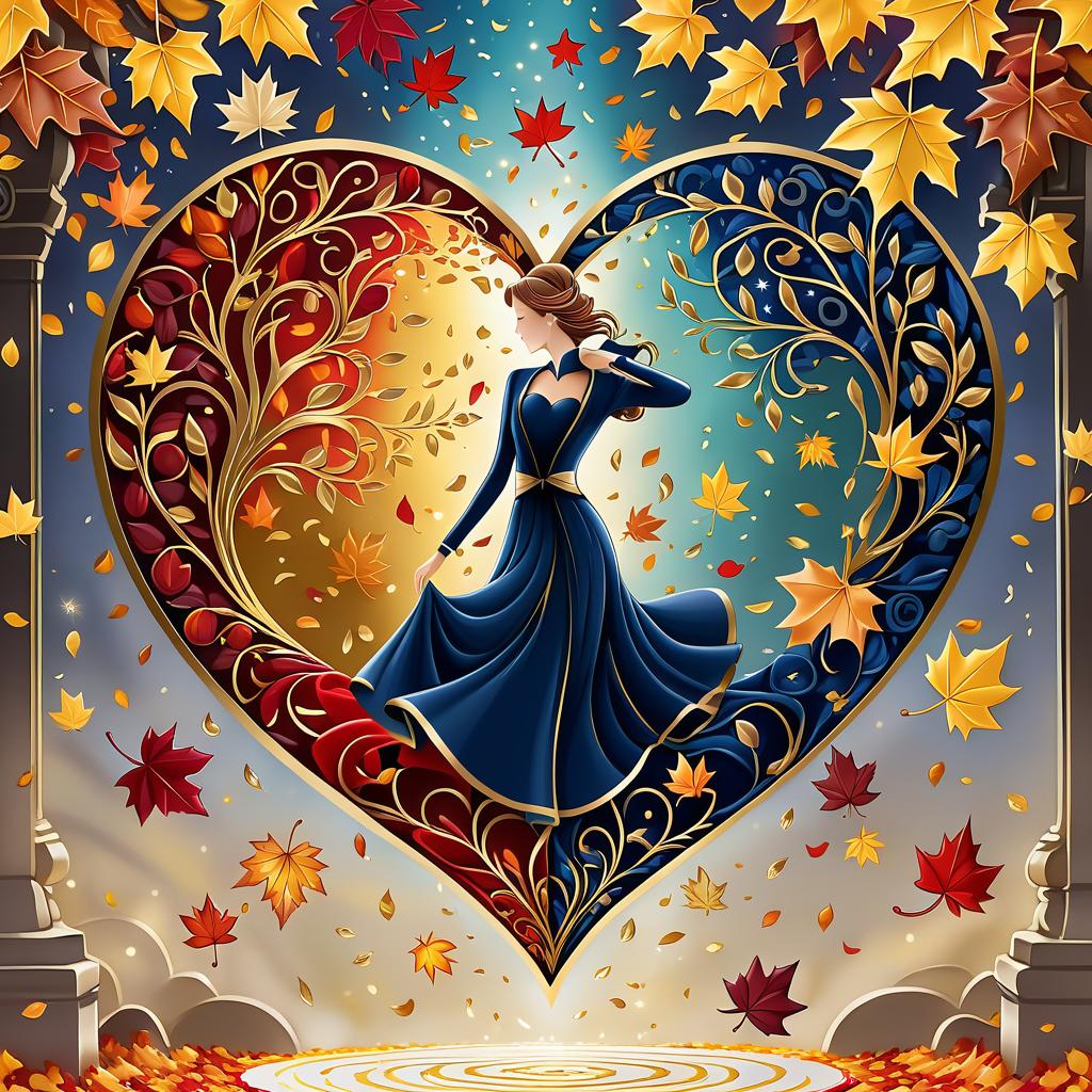  luxury product style on a carpet of yellow leaves in a simple dress of wind given crepe autumn danced a waltz boston in an alleyway. the warm day flew away and the saxophone sang hoarsely. (background of the card): falling autumn leaves, a whirlwind of autumn leaves, wind saxophone, a box of chocolates, the inscription "autumn waltz", a greeting card. (heart), a beautiful figure made of contours in the shape of a heart. (heart colour): night sky background, stars, gold pattern. (style):fantasy, autumn art, autumn romance. (colours):gold, green gold, navy blue, red, red gold, brown gold, silver, golden blue, bluish blue, dark blue on gold . elegant, sophisticated, high end, luxurious, professional, highly detailed