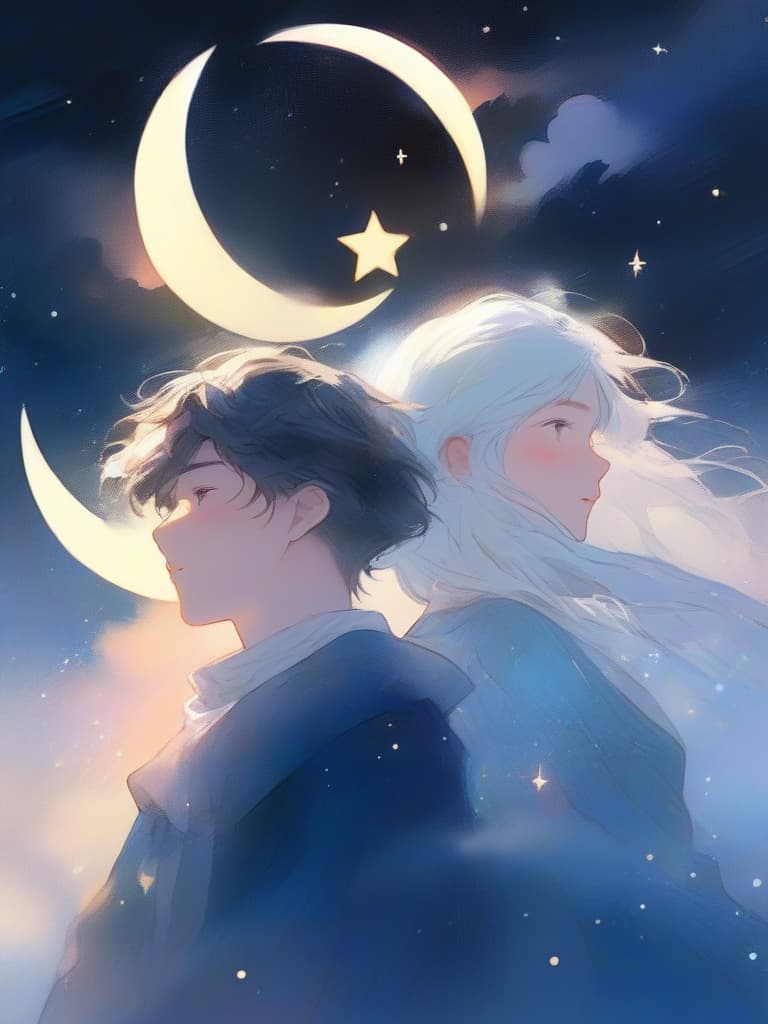  gentle illustration style,masterpiece {male and female couple:1.2}{{beautiful man and woman}}{gazing at the night sky:1.2}{sad expression}{crescent moon and starry sky}{{foliage scattered at night:1.2}}{high quality,16k,super analysis,absurd{{close up of the upper body}}