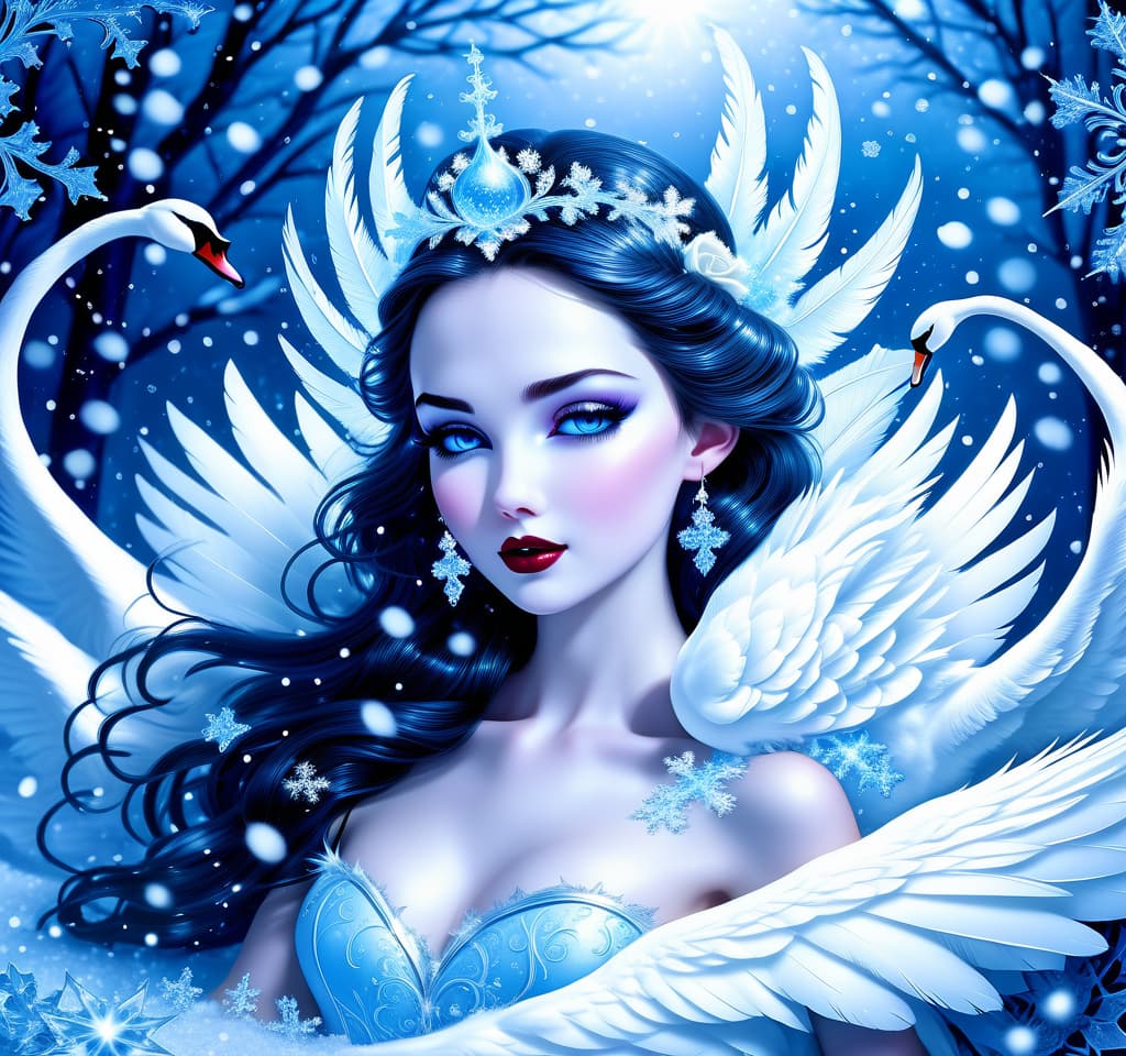  dreamscape thy name is (kiss the snow1,2) . ((key, (ice, blue1,6 sip)) ((blue eyed)) i've been jinxed ((snow singer1,8) . ((snow swan)) ((the snow swan)) feathers at my feet.( feathers flutter and slowly sink into the snow). (snow white swan): the head and body are creamy white with a silvery tint. wings of white blue colour from snowflakes (roses): light blue colour with leaves from ice crystals. background:soft blue with delicate patterns of falling snow and curls of blizzards, ice patterns on water.(style):fantasy, romantic art, silver age poetry, 19th century, dedication. . surreal, ethereal, dreamy, mysterious, fantasy, highly detailed, civitai, hkmagic