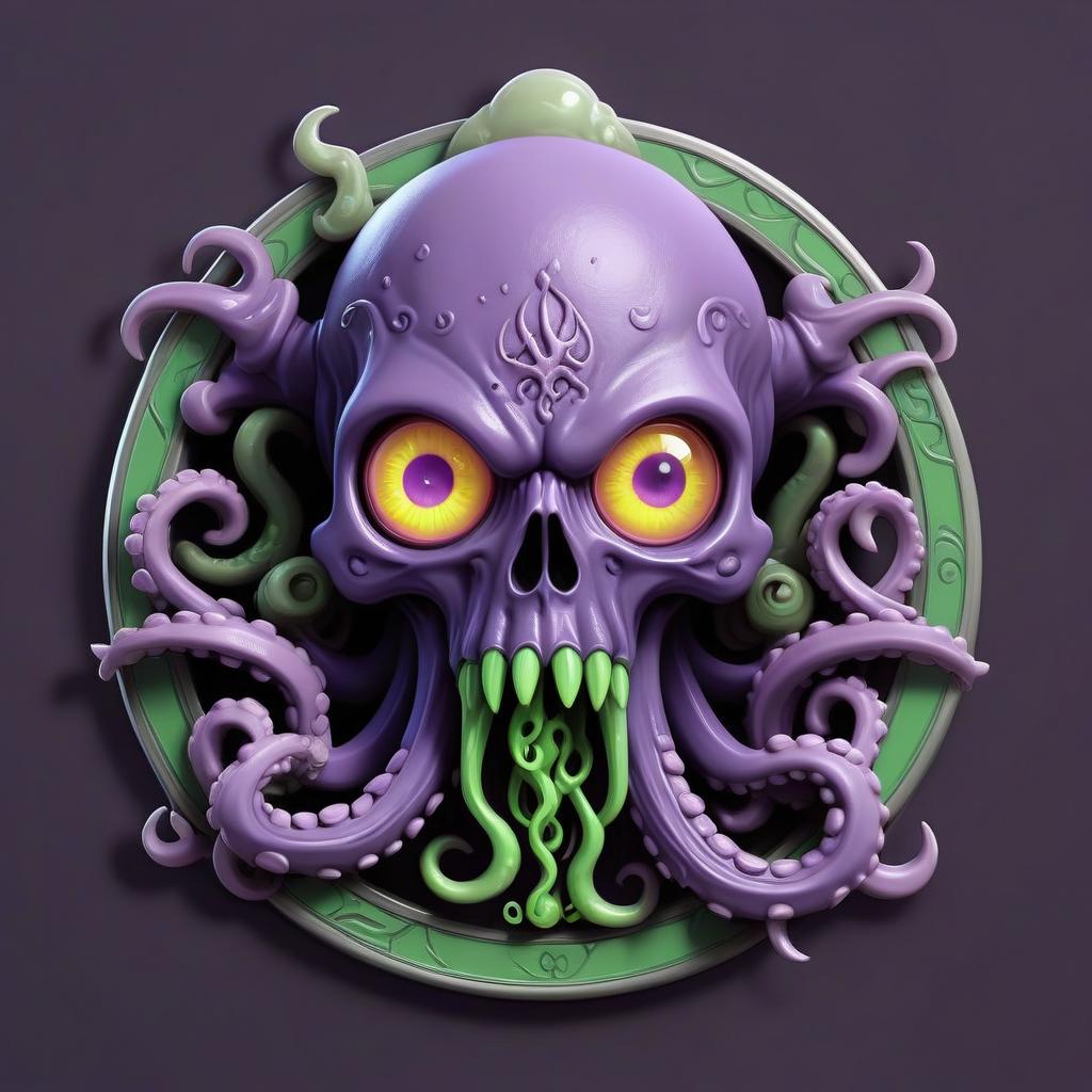  lovecraftian horror violet warlock, weird staff, cursed rod, green fire, tentacles, skulls, witch eye, rpg class minimal badge . eldritch, cosmic horror, unknown, mysterious, surreal, highly detailed, sticker