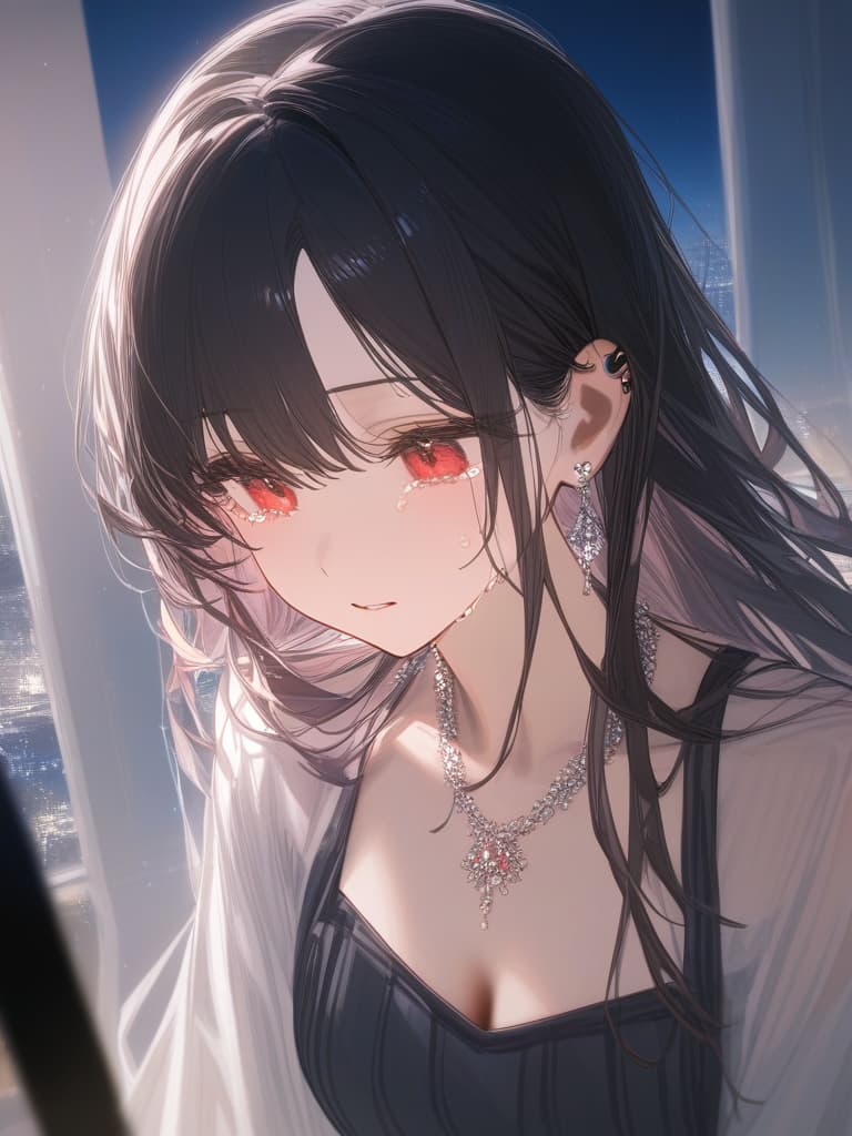  long hair, black hair, hair tips are pink, red eyes, hanging, bangs, and length of bangs, adults, adult faces, piercings, necklaces, thin makeup, night view, hair are light pink and black, crying. there is tears, masterpiece, best quality,8k,ultra detailed,high resolution,an extremely delicate and beautiful,hyper detail