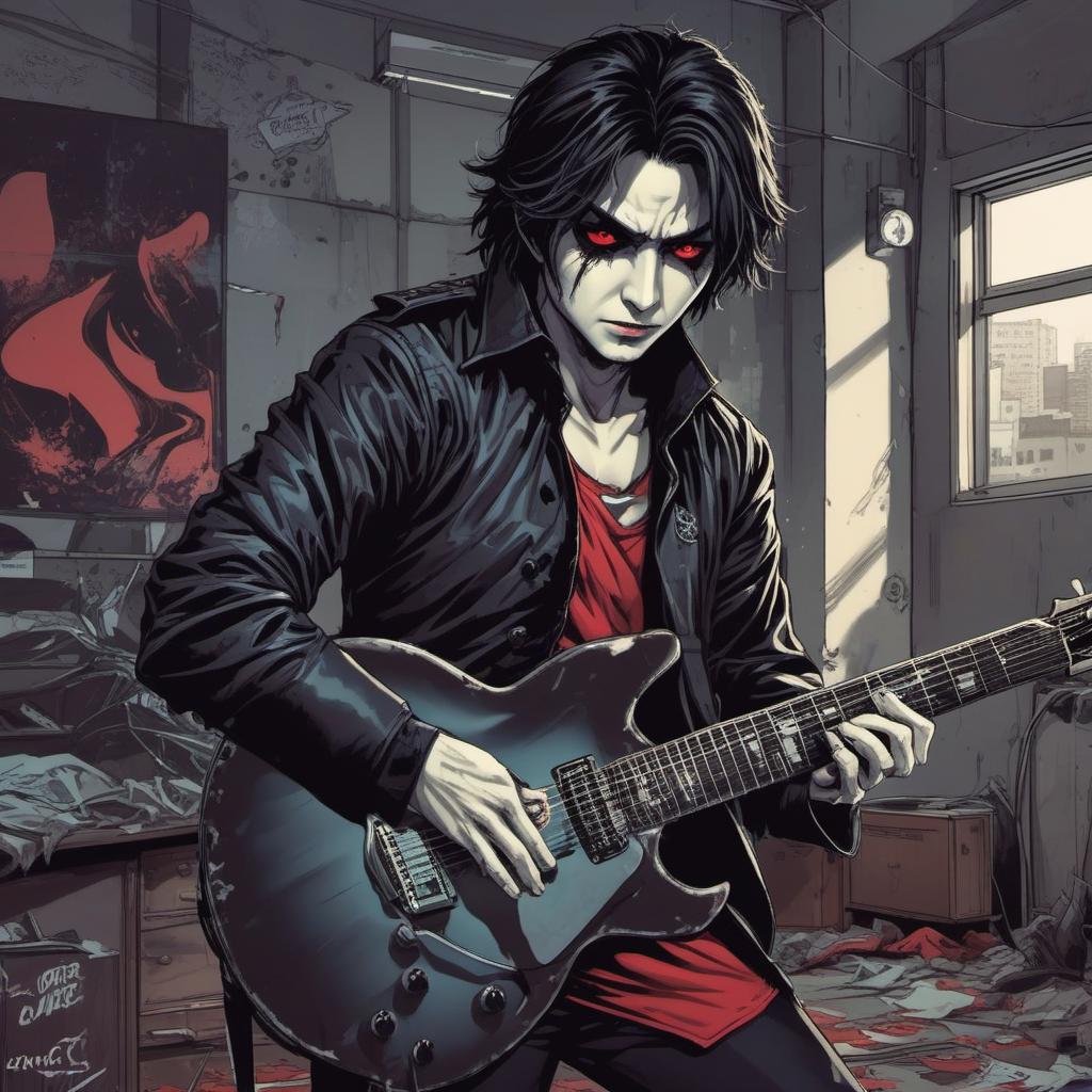  un vampire guitare hero dans un hôpital abandonné , comic style, manga and manhwa style, painting style