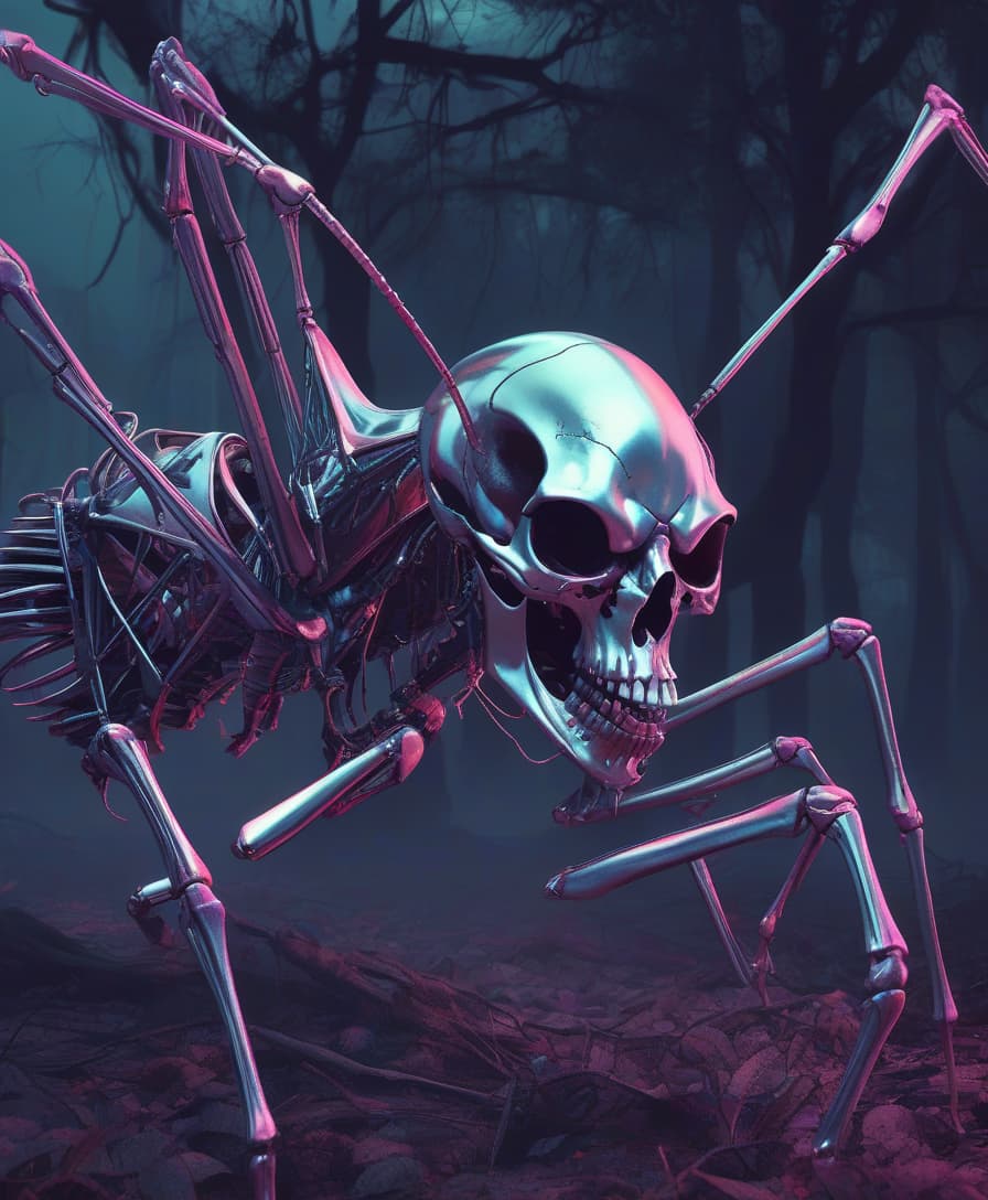  horror themed giant mantis, skull, chrome. synthwave art. . eerie, unsettling, dark, spooky, suspenseful, grim, highly detailed