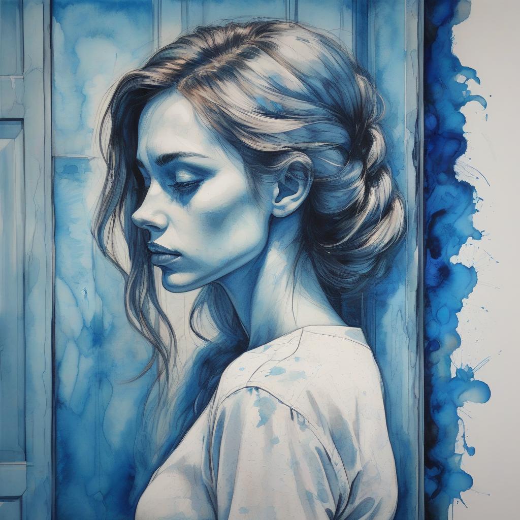  "this is gonna take a long time and i wonder what's mine can't take no more wonder if you'll understand it's just the touch of your hand behind a closed door" by c f. portrait of a woman seen from a side angle, facing the closed door of her room with a sad expression on her face. highly detailed alcohol ink drawing using strong colours and strong contrasts, blue shades.