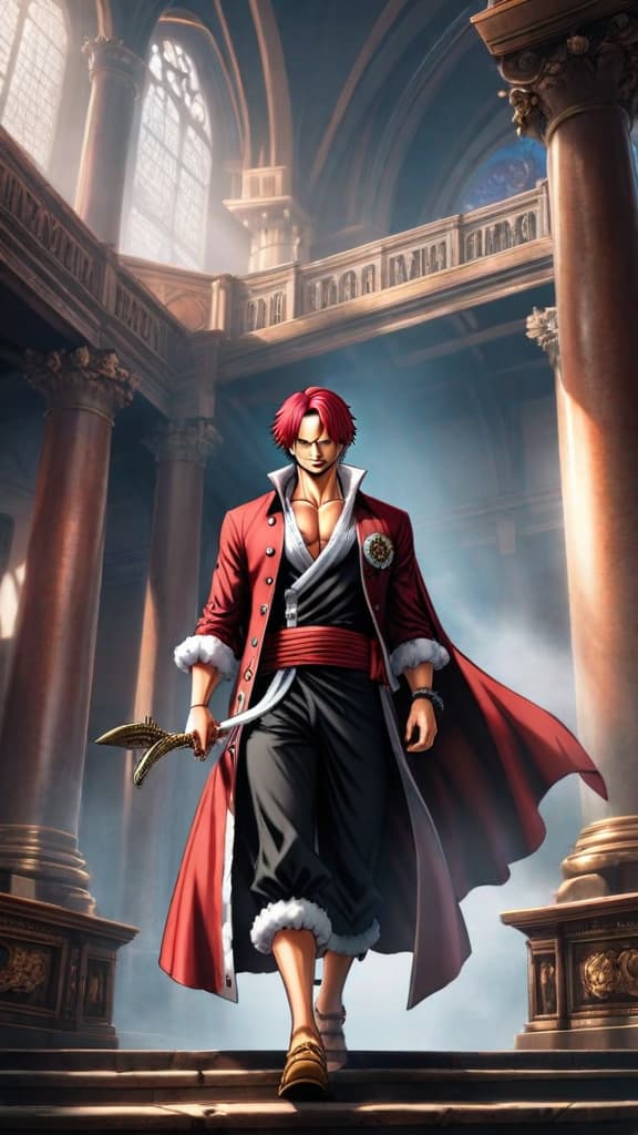  anime art of shanks from one piece standing in grand chambers of gorosei, hinting at world changing secrets hyperrealistic, full body, detailed clothing, highly detailed, cinematic lighting, stunningly beautiful, intricate, sharp focus, f/1. 8, 85mm, (centered image composition), (professionally color graded), ((bright soft diffused light)), volumetric fog, trending on instagram, trending on tumblr, HDR 4K, 8K