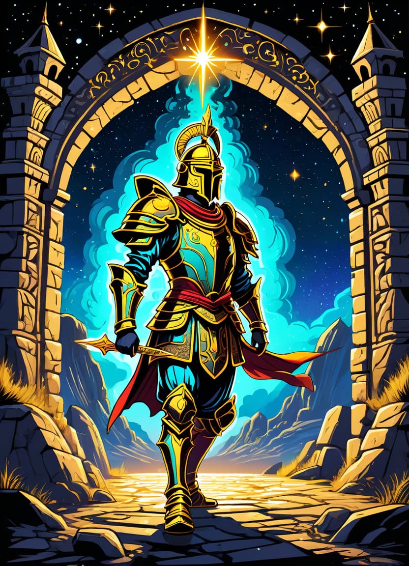  a humorous illustration. bright colors, cartoon style. on the black background, shiny contours outlines of silhouette of a scythian man in armor, in full length, against the backdrop of an earthen and stone fortress, frame with intricate thin ornamentation from comet, stars and cosmic dust: (thin: 1,4) lines ,