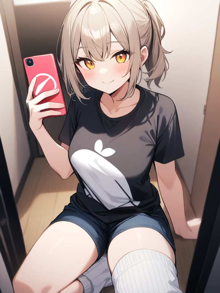  (white loose socks: 1.3), selfie shot, smile, silverbeige hair, yellow eyes, black t shirt, shorts, best quality, masterpiece, (from front: 1.2),