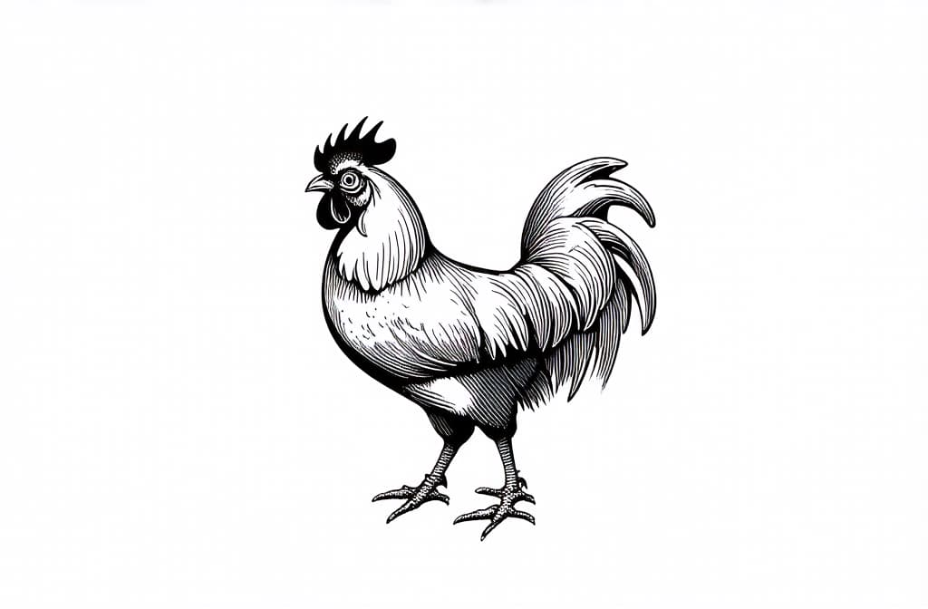  contour, very simple image in one unbroken black ink line, single line of rooster, engraving illustration, icon isolated on white background ar 3:2 using a single continuous black line ink brushon white background, drawing should be created without lifting the pen, recognizable features of rooster, engraving illustration, icon isolated on white background ar 3:2 in one unbroken line