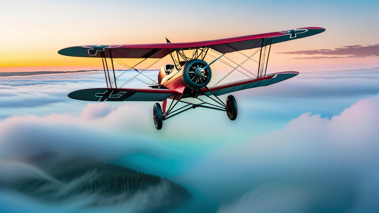  a vintage biplane soaring through a clear blue sky, with wispy clouds trailing behind. below, a picturesque landscape of rolling hills and winding rivers, evoking the dawn of aviation in the early 20th century. hyperrealistic, full body, detailed clothing, highly detailed, cinematic lighting, stunningly beautiful, intricate, sharp focus, f/1. 8, 85mm, (centered image composition), (professionally color graded), ((bright soft diffused light)), volumetric fog, trending on instagram, trending on tumblr, HDR 4K, 8K