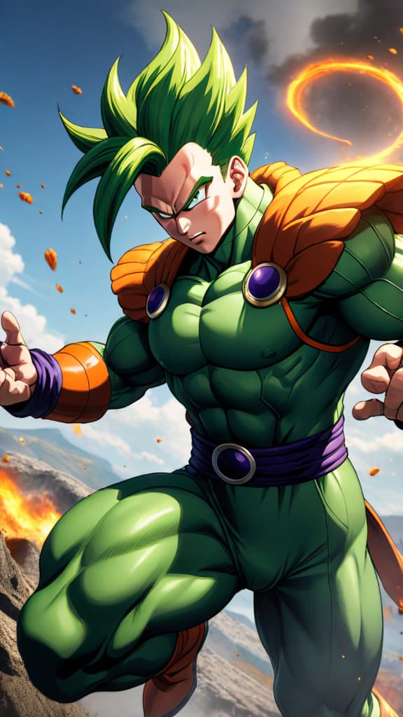  anime art, android 16 from dragon ball z battling cell, showing his immense power but being outmatched hyperrealistic, full body, detailed clothing, highly detailed, cinematic lighting, stunningly beautiful, intricate, sharp focus, f/1. 8, 85mm, (centered image composition), (professionally color graded), ((bright soft diffused light)), volumetric fog, trending on instagram, trending on tumblr, HDR 4K, 8K