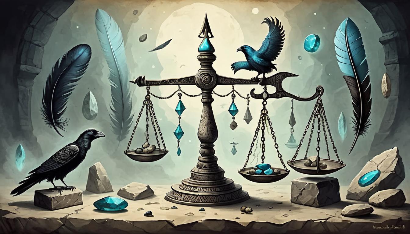  on parchment, surrealism+++, ancient scales, imbalanced, weights glowing with dark energy, one side with feathers other with stones, sense of injustice(mysterious, provocative, symbolic,muted color)+++