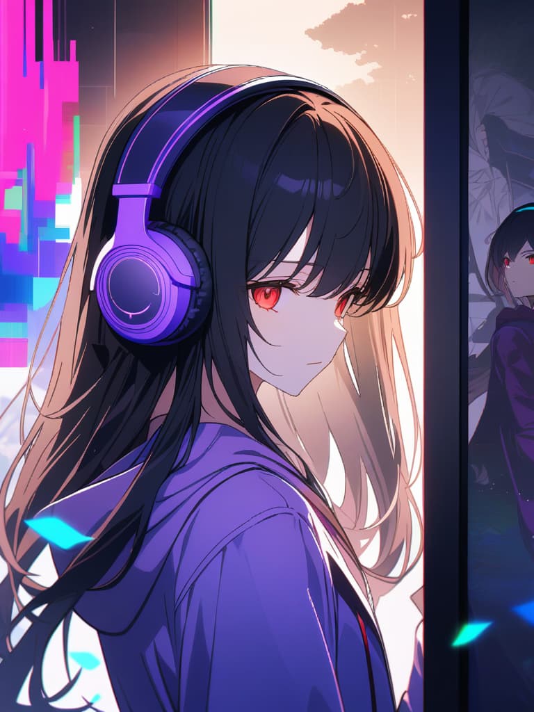  ((headphones,long hair,purple headphones,black hair,cool,handsome girl,beautiful girl,purple hoodie,red eyes,glitch,bug,mosaic art,dark hair,inside the screen,bisho))、ultra detailed,best shadow,cute and beautiful face,(masterpiece:1.2),(best quality:1.2),detailed background,high contrast,(best illumination,an extremely delicate and beautiful),((cinematic light)),hyper detail,dramatic light,intricate details,8k,anime,very aesthetic、三白眼、イケメン