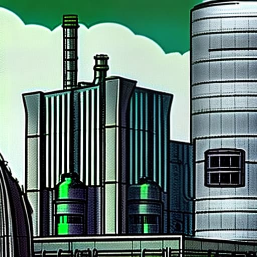 estilovintedois *8. Ace Chemicals Plant* Design a street view image of the downtown Gotham City (Batman) Ace Chemicals Plant's exterior, highlighting its industrial structure, smokestacks, and hazardous surroundings, greys and dark blues and green hues