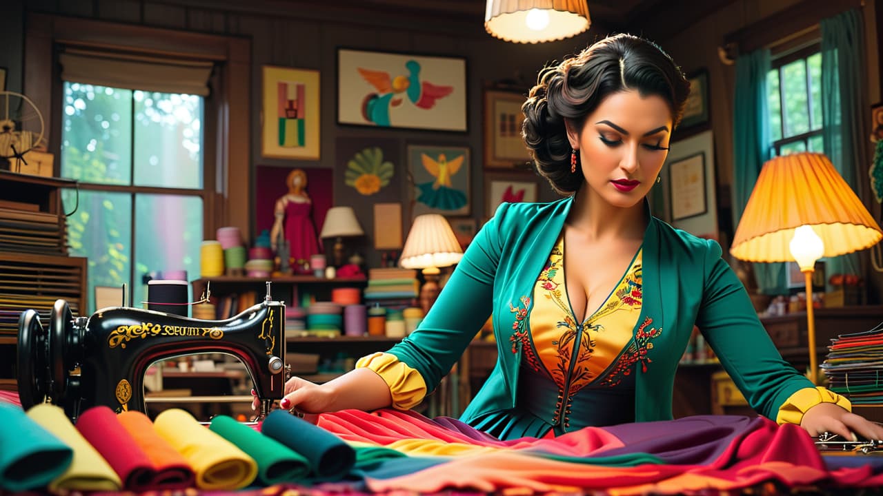  a vibrant workshop scene showcasing a costume maker surrounded by colorful fabrics, sketches, sewing machines, and intricate costumes in various stages of completion, highlighting the creative process and tools of the trade. hyperrealistic, full body, detailed clothing, highly detailed, cinematic lighting, stunningly beautiful, intricate, sharp focus, f/1. 8, 85mm, (centered image composition), (professionally color graded), ((bright soft diffused light)), volumetric fog, trending on instagram, trending on tumblr, HDR 4K, 8K