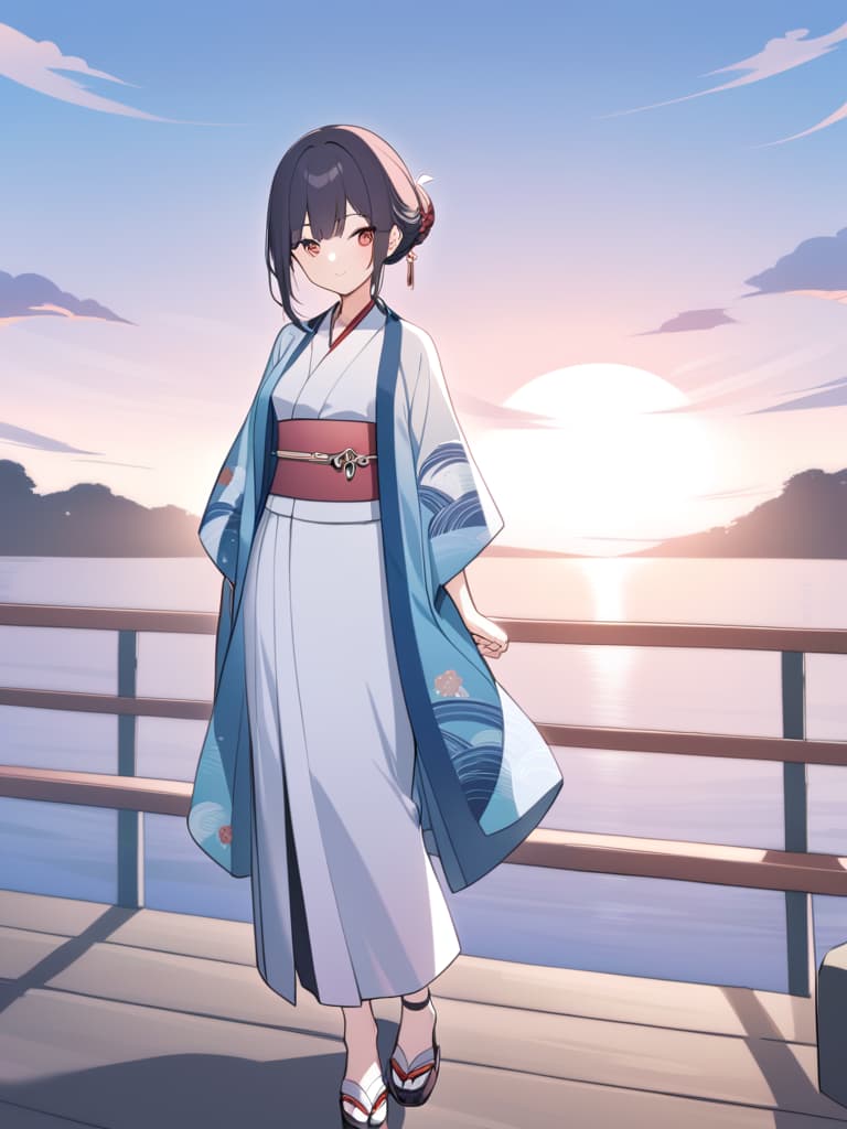  anime girl in kimono outfit standing on a pier overlooking the ocean,in kimono,in a kimono,inspired by nishikawa sukenobu,wearing a kimono,cute anime waifu in a nice dress,wearing kimono,wearing a haori,classic kimono,japanese kimono,yukata clothing,classy yukata clothing,artwork in the style of guweiz,kimono