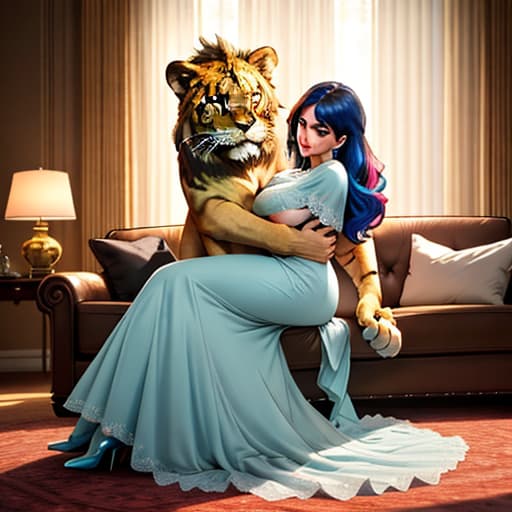  a big cat hugs a cute girl in the living room,pokemon,lion hyperrealistic, full body, detailed clothing, highly detailed, cinematic lighting, stunningly beautiful, intricate, sharp focus, f/1. 8, 85mm, (centered image composition), (professionally color graded), ((bright soft diffused light)), volumetric fog, trending on instagram, trending on tumblr, HDR 4K, 8K