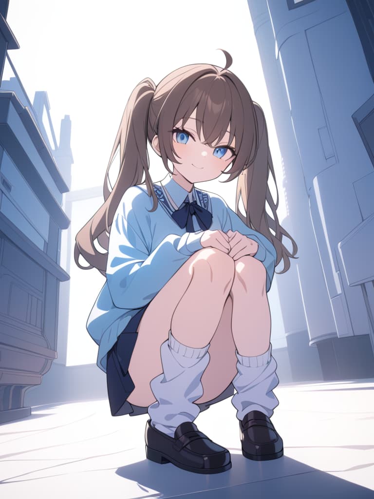  ((cute,crouching,crouching posture: 1.5,)),((pigtails,brown hair,wavy hair,blue eyes,cute,uniform,gal,loose socks: 1.7,smiling,open hands,stylish,stylish gal,loafers))、ultra detailed,best shadow,cute and beautiful face,(masterpiece:1.2),(best quality:1.2),detailed background,high contrast,(best illumination,an extremely delicate and beautiful),((cinematic light)),hyper detail,dramatic light,intricate details,8k,anime,very aesthetic