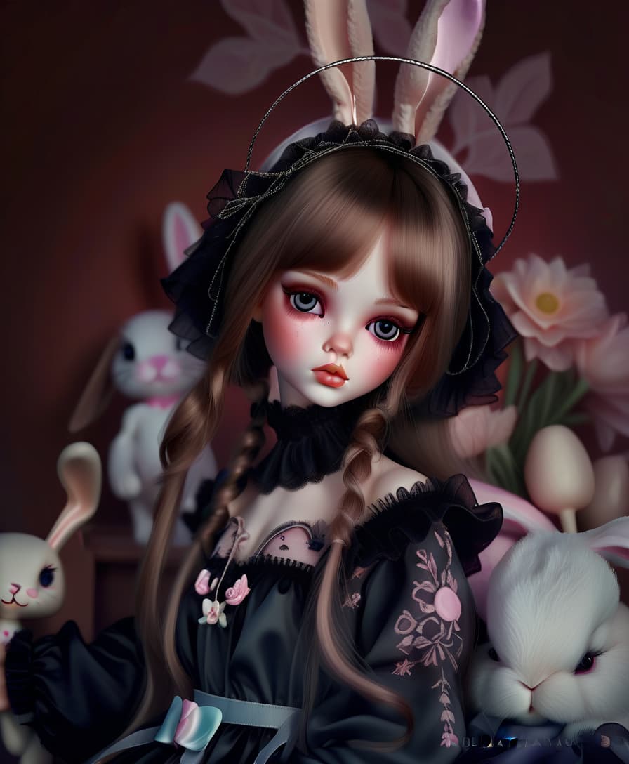  concept art a beautiful girl doll with bunny ears is a must. delicate colors and shades . digital artwork, illustrative, painterly, matte painting, highly detailed