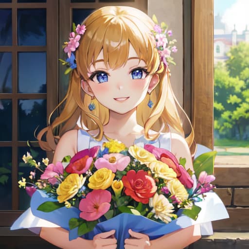  master piece , best quality,pretty girl, beautiful bouquet, smiling face.