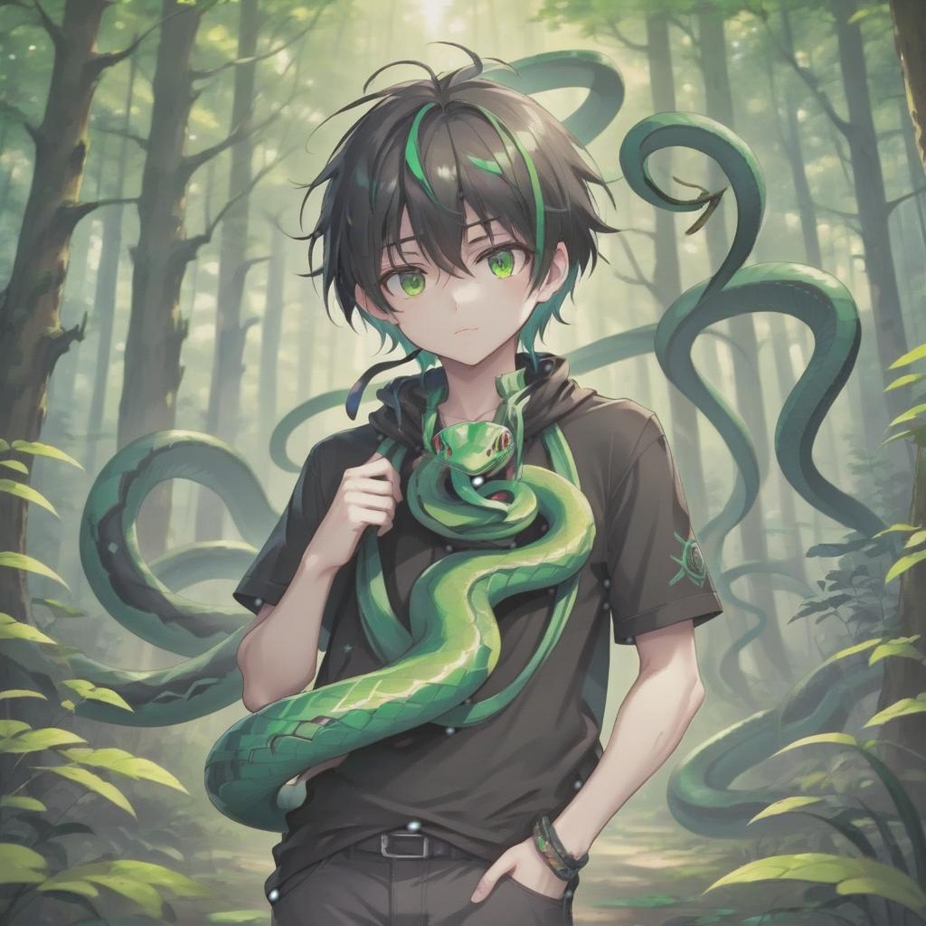  anime boy with a green snake around his neck, the main colors are black and green, in the forest, t shirt design