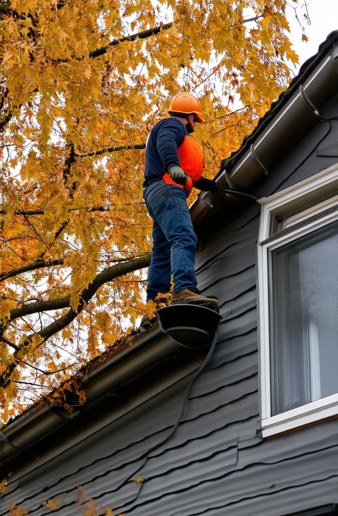  a worker clears dry autumn leaves from a roof gutter ar 2:3 {prompt}, maximum details