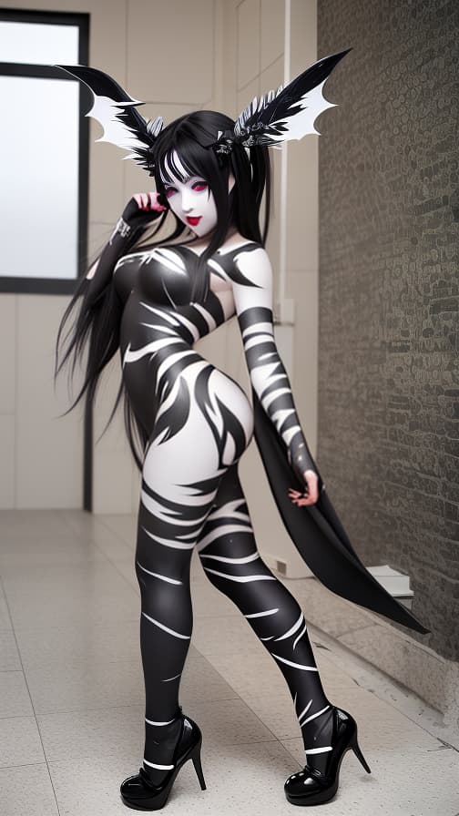  Black and White flame pattern body paint in every corner of the whole body, Blark body paint full body, grey face paint on the face, two succubus sisters, full body image 女性