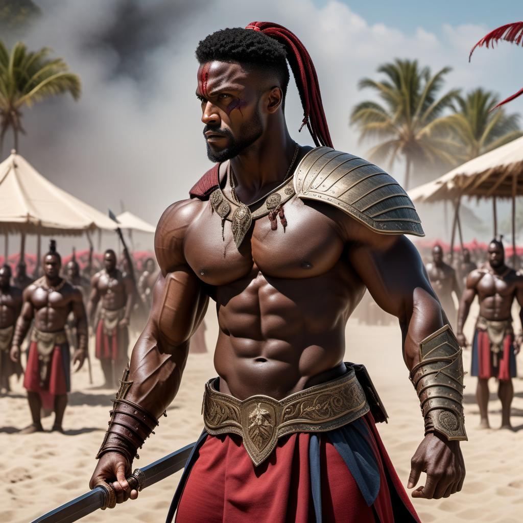  Hyper realistic, positive energy, bodybuilding, super jacked 1804 Haitian Warrior. Depict a bodybuilding Haitian warrior in an epic Spartan beach battle with blood and bruises, flexing his muscles. His appearance embodies strength, resilience, and nobility and he is wearing an 1804 army uniform. The scene is highly detailed and realistic, capturing the intensity of the battle and the warrior's triumphant presence. hyperrealistic, full body, detailed clothing, highly detailed, cinematic lighting, stunningly beautiful, intricate, sharp focus, f/1. 8, 85mm, (centered image composition), (professionally color graded), ((bright soft diffused light)), volumetric fog, trending on instagram, trending on tumblr, HDR 4K, 8K