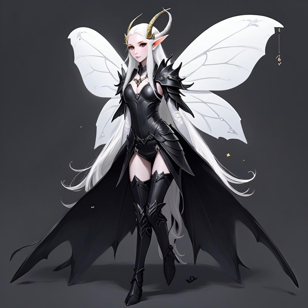  dnd, young , small black horns on the head, white skin, white hair, long hair in the tail, pointed elven ears, white wings of a moth from the back, black leather armor, pearl on the , hkmagic