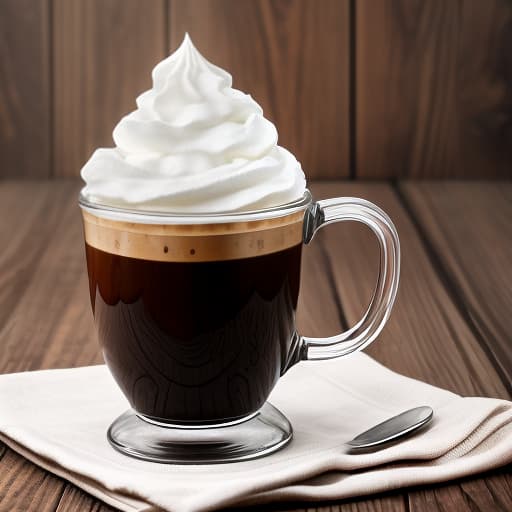  delicious steaming coffee in a glass with fruit filling and whipped cream on a wooden background